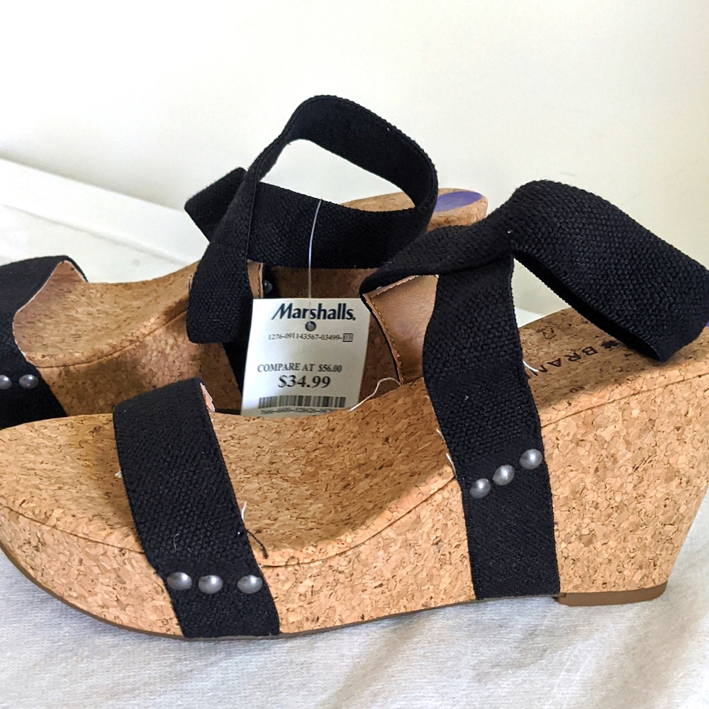 Lucky Brand LP-Maxyne Women's Black Textile Upper Cork Wedge Sandals - Picture 2 of 11